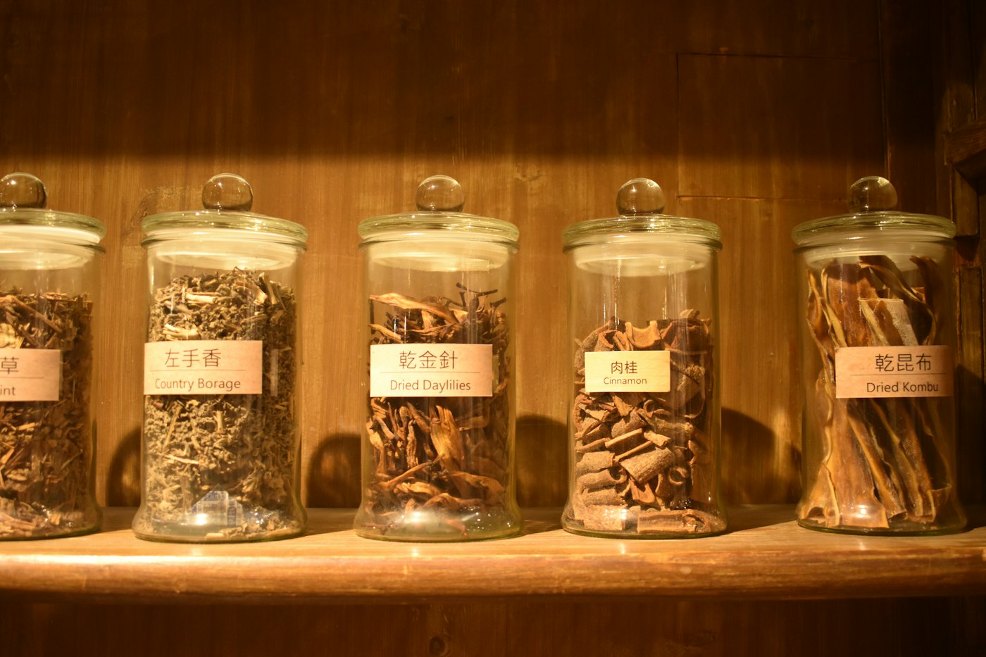 Glass jars of dried herbs and roots on a wooden shelf